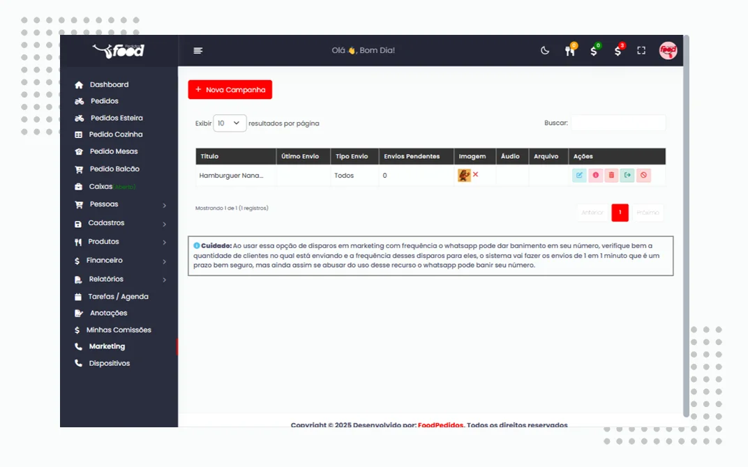 O módulo de Campanhas de Marketing permite criar, gerenciar e disparar mensagens promocionais de forma eficiente para seus clientes, utilizando canais como WhatsApp, com suporte a áudios, imagens e arquivos. É a ferramenta ideal para impulsionar as vendas com promoções, novidades e comunicados automáticos.